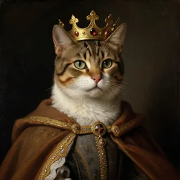a Cat wearing a crown and cape, dark background in a renaissance style portrait painting