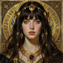 hyper realistic painting portrait of brunette with bangs, intrincate ornaments, gold decoration, caligraphy, occult art, illuminated manuscript, oil painting, art noveau