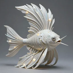 angler fish sculpture, stylized layered shapes, long flowing fins, bioluminescent orbs, diffuse lighting, fantasy, intricate, elegant, highly detailed, lifelike, photorealistic, digital painting, artstation, smooth, sharp focus, art by h r giger