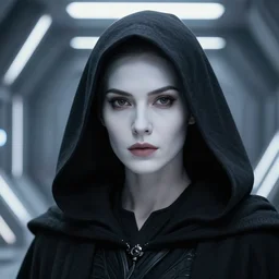 closeup portrait, beautiful woman dark lord of the sith wearing a hooded jedi cloak, white skin, dark eyes, standing in deathstar hallway, rim light, volumetric lighting, concept art, smooth, sharp focus, illustration, by arney freytag, glamour pose, soft ambient lighting,, iso 4 0 0, 2 4 - 1 2 0 mm f / 4 at 6 2 mm,