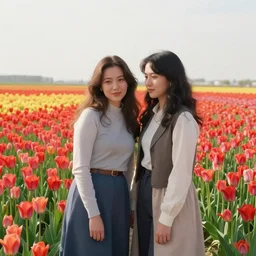 two women taking a picture of themselves in a field of tulips, a matte painting by the mazeking, shutterstock contest winner, kitsch movement, dutch golden age, made of flowers, matte painting