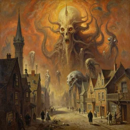 painting of town inhabited by eldritch entities beyond human comprehension, Zdzislaw Beksinski, Lewis Jones, Wayne Barlowe, street view, gothic, lovecraftian, cosmic horror, grotesque, warm hue's
