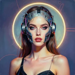 portrait of sexy lofi beautiful woman with aureola by pantokrator, head made of mech mask rendered in unreal engine, cyberpunk and rave by andy warchol, scifi nanowires, painted by andrew wyeth | angus mckie | anton fadeev