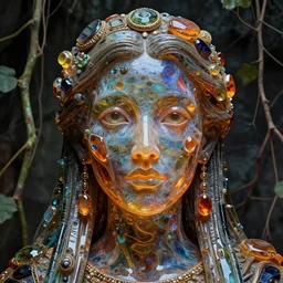 detailed portrait, high priestess, molten glassworks face sculpted features, large eyes, statuesque, glass skin, fiberglass hair, tech noir, opulent, encrusted, jewel, refractions, chiaroscuro, organic impressionism, vine backdrop, natural colors, octane render