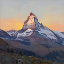 a beautiful oil painting of the matterhorn at sunset, stunning sunset, soft light, by john marting