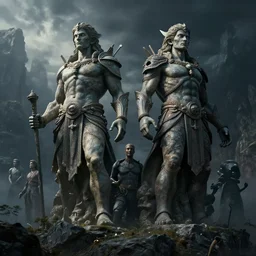 colossus twins in the mountains, statues, dramatic lighting, by john howe, weta workshop, greg rutkowski, artgerm, ross tran, conrad roset, takato yomamoto. 4 k, beautiful, cinematic dramatic atmosphere, matte painting