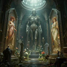 octane render, ultra photorealistic, hyper detailed, unreal engine, a breathtaking sci - fi gothic terrarium tech - cemetery perserving last mystical last human in existence cyberpunk. artwork by greg rutkowski, alphonse mucha, james gurney inspired by blade runner 2 0 4 9