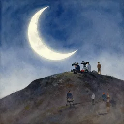 cameraman sitting on a tall hill. sickle moon, atmospheric watercolor painting by chiara bautista zdzisław beksinski karl kopinski kim jung giu and weta studio, and lucasfilm and jesper ejsing and norman rockwell greg rutkowski frank frazzeta