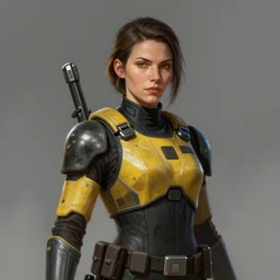 portrait of a woman by greg rutkowski, a soldier of the outer rim association, wearing a black and yellow tactical gear, star wars expanded universe, highly detailed portrait, digital painting, artstation, concept art, smooth, sharp foccus ilustration, artstation hq
