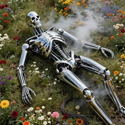 photo of destroyed realistic terminator lying in a field of flowers, twisted, chrome, reflections, anthropomorphic, photorealism, smoke, 8 k, wires, smooth, sharp focus, top view, extremely detailed, hyperrealism, elegant, establishing shot, by jeff koons, artgerm and greg rutkowski