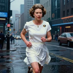 ultra realistic painting of a young queen elizabeth ii in the 1 9 8 9 city of tacoma, wearing a wet white short dress, looking into the camera with a smirk while running in a cyberpunk city, art by ross draws, 4 k, ultra realistic, highly detailed, epic lighting