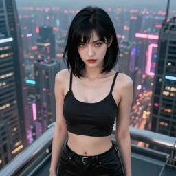« photorealistic, unreal engine 5, highly detailed, attractive, sexy, hot, girl, black hair, middle length hair, ghost in the shell, view on the top of a skyscraper, cyberpunk city, 4 k »