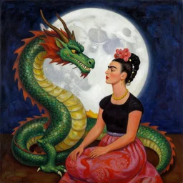 painting of a dragon in love looking at the moon remembering his beloved, art by frida kahlo