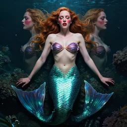 symmetry!! christina hendricks!!! full frontal body photography of skinny christina hendricks dressed like a mermaid!, blushing, red - cheeks!!, dim volumetric cinematic lighting, 8 k, post - processing, extremely hyper - detailed, intricate, epic composition, masterpiece, stunning,