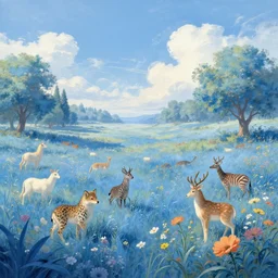 Miltonian idyllic azure meadow sunny weather heaven of animals, detailed, intricate, masterpiece, 8k resolution