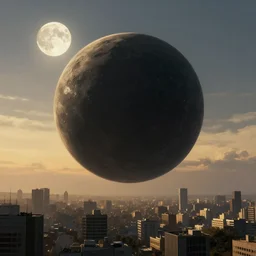 digital sci-fi painting of a gigantic black sphere floating over the city, concept art, beautiful moonlit lighting, golden hour, 4k trending on artstation