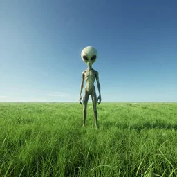alien grassfield on a planet, cinematic perspective, daylight, blue sky, detailed, 4k, Artstation