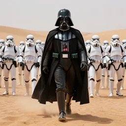 a portrait of darth vader walking down the sands of tatooine being followed by a squadron of stormtroopers, realistic, hyper realistic, 8 k, raytracing, art station, fantasy art style, cyberpunk, futuristic, menacing, dynamic lighting, accurate, intricate, detailed, symmetrical
