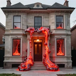 surreal lava coming out in smooth bulbous shapes from the front door and lower windows of an elegant three-storey 19th-century house, installation art reimagined by industrial light and magic