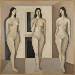 A modern abstract painting, depicting three women figures in three different rooms doing different poses, modern earthy neutral earthy, interesting geometry, in the style of Gary Hume