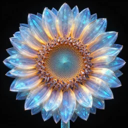 a fractalizing crystalline sunflower, bioluminescent opal, magnificent lighting, ethereal, ray tracing