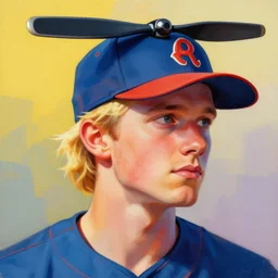 colorful painting of a blond man with a baseball cap with propeller, matte painting, trending on art station, ultra - detailed, hq