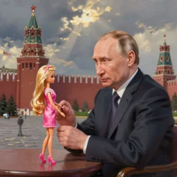 vladimir putin playing with barbie doll toys, digital painting by kremlin
