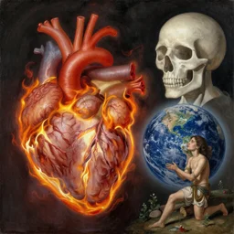 a heart and brain on fire and a soul exiting from earth by moebius and by atey ghailan and by Vermeer