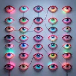 A wall full of eyes, symmetrical, neon, RGB, glowing wires everywhere, pristine, by Edgar Maxence and Ross Tran, Zdzisław Beksiński, and Michael Whelan, gustav dore, H.R. Giger, 8k, octane render
