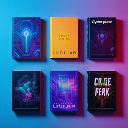 flatlay cyberpunk book collection, vivid colors, dramatic lighting, minimalist and clean