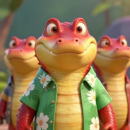 in the style of artgerm and disney, 3 d render, anthropomorphic alligator, symmetrical face, symmetrical eyes, red scales on his back, yellow scale on his belly and chest, male, waring a hawaiian shirt, in the style of zootopia, hd, 4 k, high definition background