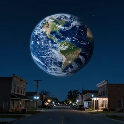 a tiny planet earth floats at head height on main street in a small, dark, kansas town at midnight