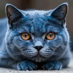 hyperrealistic highly detailed close-up of a sad cute blue cat with round puppy eyes concept art mike mignola artemisia gentileschi sharp cinematic lighting 8k low angle shallow depth of field