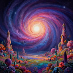 a chromatic landscape in a psychedelic realm orbiting around a singularity, in the style of h. r. giger and greg rutkowski and amanda sage, lush, sumptuous, exquisite, elegant, elaborate, rich, ray traced, global illumination, artstation