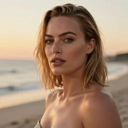 a portrait of margot robbie on the beach, sexy look, beautiful eyes, 8k, hyper-detailed, cinematic, sunset