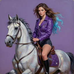 painting of a very beautiful woman riding a centaur,, and a purple coloured leather jacket, one side haircut, long brown hair with light blue ends, portrait, hyperdetailed, artstation, cgsociety, synthwave by tangerine dream, by jean - michel jarre, by vangelis, by john carpenter