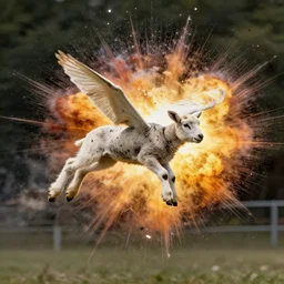 flying lamb explosion, fast shutter speed, high speed, VFX particle simulation, action photo, 1/1000 sec shutter by RHADS