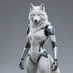 anthropomorphic white female wolf, with a left robot arm
