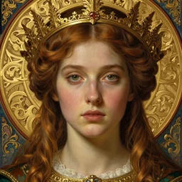 detailed realistic beautiful young medieval queen face portrait by jean delville, brooke shaden, gustave dore and marco mazzoni, art nouveau, symbolist, visionary, gothic, pre - raphaelite, ornate gilded medieval icon