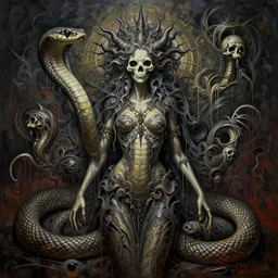 a hiper intricate oil portrait of a snake godess of death, drip painting, excelent composition, wide shot, by zdzislaw beksinski, intricate, horror atmosphere, unreal engine 5 highly rendered, global illumination