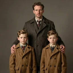 hyper - detailed accurate rendered 1 9 5 0 s retro two kids wearing the same overcoat pretending to be a single tall adult. by jean - baptiste monge