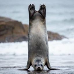 a photograph, full body shot of seal doing headstand
