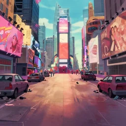 a wholesome animation key shot of a cute empty postapocalyptic times square floor with damaged cars and buildings, studio ghibli, pixar and disney animation, sharp, rendered in gouache painting, anime gouache key art by greg rutkowski, bloom, dramatic, dynamic lighting