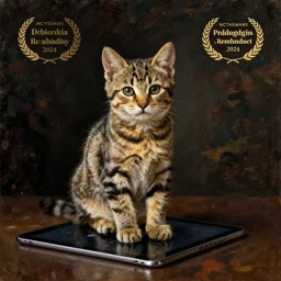 Still life of a tabby kitten sitting on an iPad by Rembrandt, oil-painting, dark background