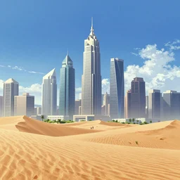 Sandy desert city with skyscrapers in the style of Hiroaki Fukuda