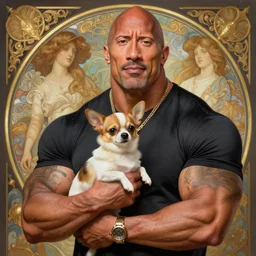 beautiful cottagecore Dwayne Johnson as The Rock holding a Chihuahua dog, intricate, elegant, highly detailed, digital painting, artstation, concept art, smooth, sharp, focus, illustration, art by artgerm and greg rutkowski and alphonse mucha