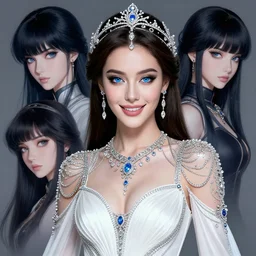a beautiful woman wearing a white dress made of silver with jewelry and diamonds by karol bak, ayami kojima, artgerm, sakimichan, arabian beauty, blue eyes, smile, concept art, fantasy