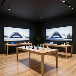 A flagship Samsung store. black walls. timber floor. high ceilings with spots. wood furniture with large digital screen. display tables with phones and tablets, pots with plants, digital screens on the walls, Architectural photography. 14mm. High Res 8K. award winning architectural design inspired by a Zaha Hadid, Foster and Partners, Calatrava, Retaildesignblog.net, high-tech, sci-fi