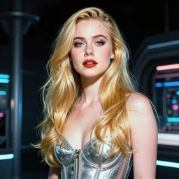 a striking hyper real illustration of Elle Fanning in the style of retro-futurism