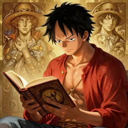 luffy reading book, intricate, luffy, highly detailed, digital painting, artstation, concept art, smooth, sharp focus, illustration, luffy, unreal engine 5, 8 k, art by artgerm and greg rutkowski and alphonse mucha ( by kim jung gi ) ( by george morikawa ) ( by kentaro miura ) ( by eiichiro oda )